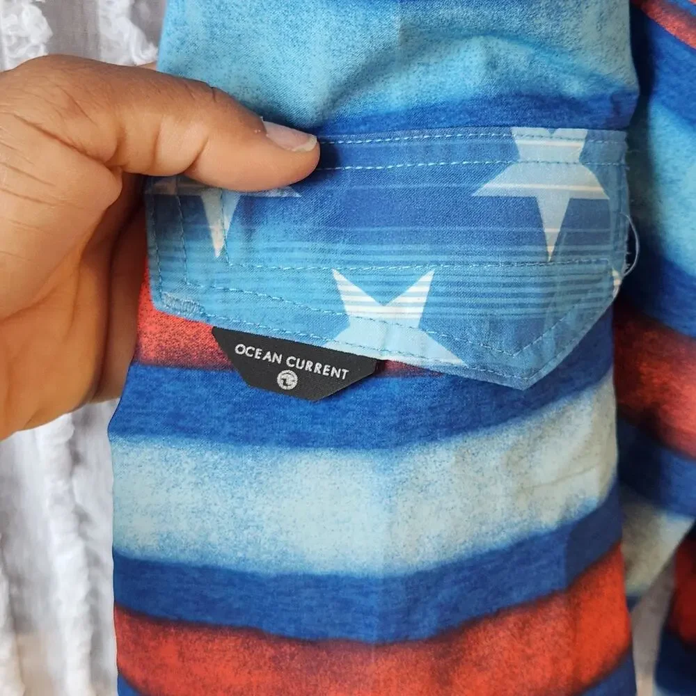 Ocean Current Blue & Red Star Stripe Men's Swim Board Shorts